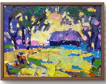 Oil painting landscape original, oil painting on canvas, village house among trees and pasture with animals, handmade art, unframed