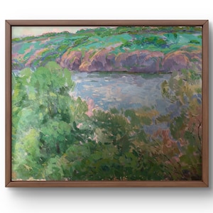 Pintura a óleo paisagem original, pintura em papelão, paisagem de rio, arte artesanal, natureza, sem moldura, paisagem de colina, arte de parede