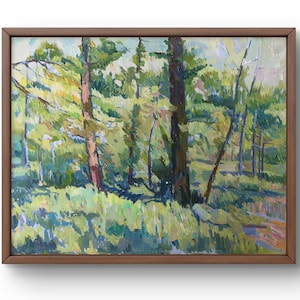 Pintura al óleo paisaje original, pintura sobre cartón, paisaje forestal, arte hecho a mano, naturaleza, sin marco, paisaje de árboles, arte de pared