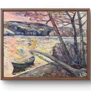 Dipinto ad acquerello paesaggio originale, dipinto su carta, paesaggio fluviale, arte fatta a mano, natura, senza cornice, paesaggio di barche, arte murale