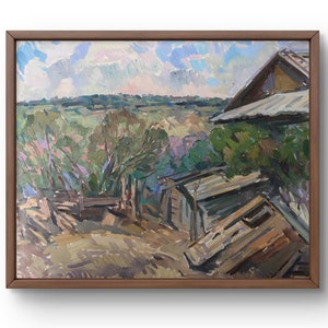 Pintura a óleo paisagem original, pintura em papelão, paisagem de aldeia, arte artesanal, natureza, sem moldura, paisagem de árvores, arte de parede