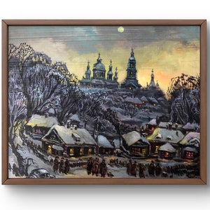 Pintura a óleo paisagem original, pintura em papelão, paisagem de inverno, arte artesanal, natureza, sem moldura, paisagem de vila, arte de parede