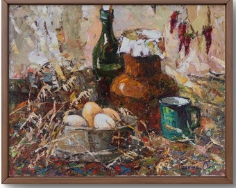 Oil painting still life original, painting on canvas, food still life, handmade art, interior, unframed, drink still life, wall art