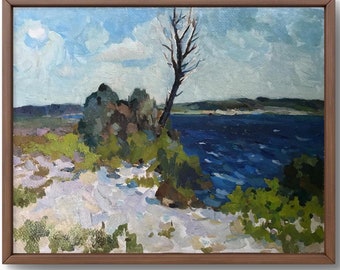Pintura al óleo paisaje original, pintura sobre cartón, paisaje de lago, arte hecho a mano, naturaleza, sin marco, paisaje de árboles, arte de pared