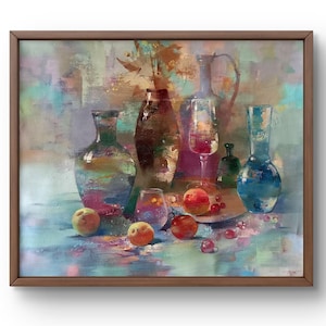 Oil painting still life original, oil painting, bright glass vessels, apples and delicate fruits, handmade art, unframed, wall art