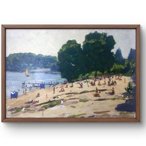 Pintura al óleo paisaje original, pintura al óleo sobre cartón, gente relajándose en una playa concurrida, velero, arte hecho a mano, sin marco, arte de pared