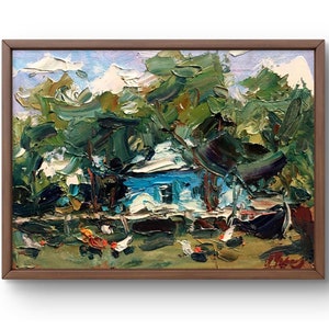 Pintura a óleo paisagem original, pintura em papelão, paisagem de aldeia, arte artesanal, natureza, sem moldura, paisagem de árvores, arte de parede