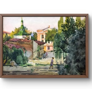 Pintura de acuarela paisaje original, pintura acuarela sobre cartón, paisaje rural con campanario de iglesia, arte hecho a mano, sin marco