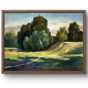 Pintura a óleo paisagem original, pintura em papelão, paisagem de prado, arte artesanal, natureza, sem moldura, paisagem florestal, arte de parede