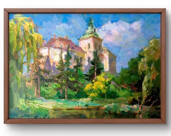 Oil painting landscape original, painting on cardboard, castle landscape, handmade art, nature unframed forest landscape, wall art