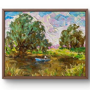 Oil painting landscape original, painting on canvas, pond landscape, handmade art, nature, unframed, trees landscape, wall art