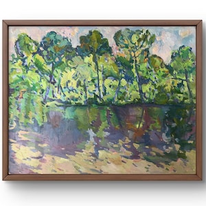 Pintura a óleo paisagem original, pintura em papelão, paisagem florestal, arte artesanal, natureza, sem moldura, paisagem de lagoa, arte de parede