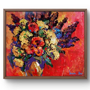 Oil painting still life original oil painting bold arrangement of flowers in a vase on a dynamic red background handmade art unframed