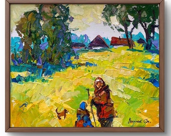 Oil painting landscape original, oil painting, rural landscape with people and houses in the background, handmade art, unframed, wall art