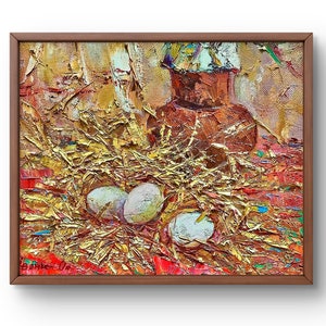 Oil painting still life original, oil painting on canvas, jug of milk and eggs, handmade art, unframed, yellow still life, wall art