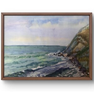Dipinto ad acquerello paesaggio originale, dipinto su carta, paesaggio serale, arte fatta a mano, natura, senza cornice, paesaggio marino, arte murale