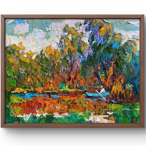 Oil painting landscape original, painting on canvas, pond landscape, handmade art, nature, unframed, forest landscape, wall art