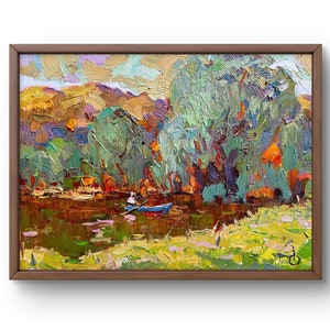 Oil painting landscape original, painting on canvas, pond landscape, handmade art, nature, unframed, board painting wall art, wall decor