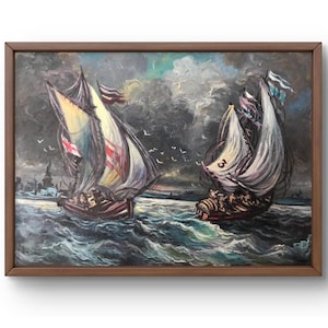 Pintura al óleo paisaje original, pintura sobre cartón, paisaje marino, arte hecho a mano, naturaleza, sin marco, paisaje de barco, arte de pared