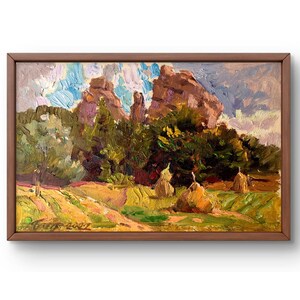 Pintura al óleo paisaje original, pintura sobre cartón, pintura de montañas, arte hecho a mano, naturaleza, sin marco, paisaje de rocas, arte de pared
