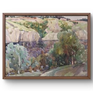 Dipinto ad acquerello paesaggio originale, dipinto su carta, paesaggio fluviale, arte fatta a mano, natura, incorniciato, paesaggio di alberi, arte murale