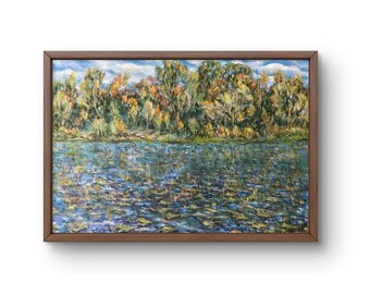 秋の風景油絵キャンバス風景画霧深い森川の絵画暗い自然の壁掛けアート