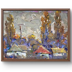 Oil painting landscape original, oil painting on canvas, rural landscape with houses and trees against a cloudy sky, handmade art, unframed