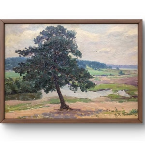 Pintura a óleo paisagem original, pintura a óleo sobre papelão, árvore contra uma paisagem calma com colinas e um lago, arte feita à mão, sem moldura