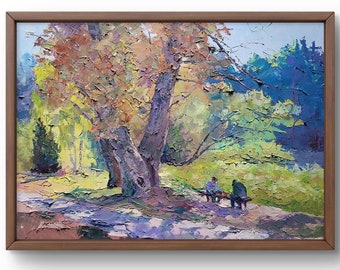 油絵風景画オリジナル、段ボールの油絵、黄金の秋、小川の近くの木々