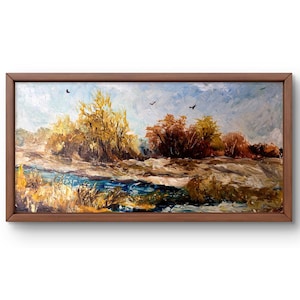 Pintura al óleo paisaje original, pintura sobre cartón, paisaje de otoño, arte hecho a mano, sin marco, paisaje de río, arte de pared