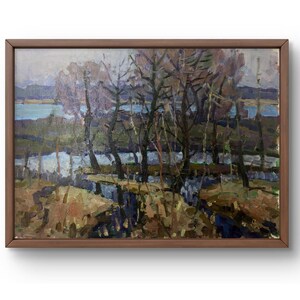 Pintura al óleo paisaje original, pintura al óleo sobre cartón, tranquilo paisaje primaveral junto al lago rodeado de árboles, arte hecho a mano, sin marco