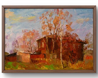 Original Oil Landscape Art: Autumn Home Among Bare Trees, Handmade & Unframed