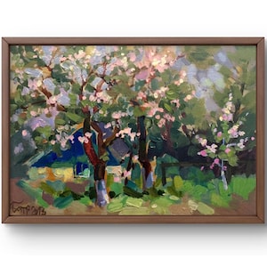 Pintura a óleo paisagem original, pintura em papelão, pintura de jardim, arte artesanal, natureza, sem moldura, paisagem de macieiras, arte de parede