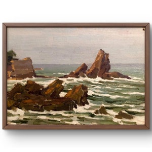 Pintura a óleo paisagem original, pintura a óleo sobre papelão, paisagem marinha com ondas quebrando em rochas costeiras, arte feita à mão, sem moldura, arte de parede