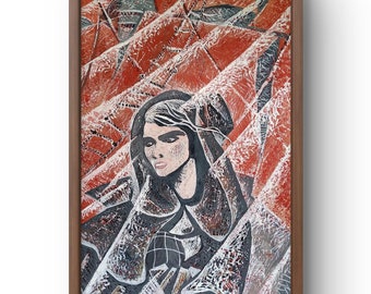 Abstract Oil Painting: Contemplative Figure, Red Black White Art, Unframed