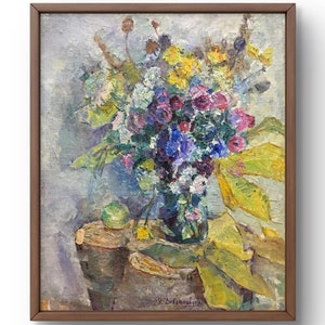 Pintura a óleo natureza morta original, pintura a óleo sobre papelão, buquê exuberante de flores brilhantes em um vaso de vidro, arte feita à mão, sem moldura