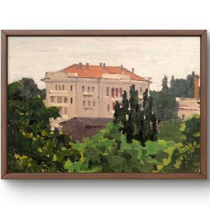 Pintura a óleo paisagem original, pintura a óleo sobre papelão, casa da cidade entre vegetação, atmosfera calma, arte feita à mão, sem moldura, arte de parede