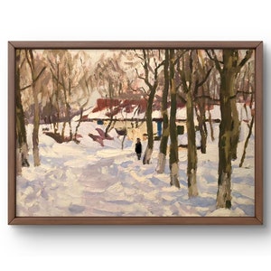 Pintura al óleo original de paisaje, pintura al óleo sobre cartón, pueblo nevado, hombre caminando entre árboles desnudos, arte hecho a mano, sin marco, arte de pared