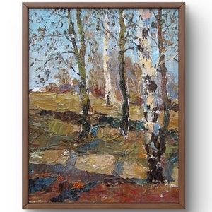 Pintura a óleo paisagem original, pintura a óleo sobre papelão, bétulas de outono, folhas caídas, traços texturizados, arte feita à mão, sem moldura