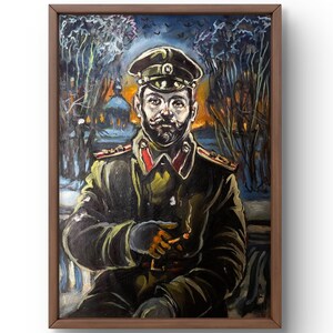 Retrato pintado al óleo original, pintura al óleo, oficial militar con bigote brillante y una iglesia detrás, arte hecho a mano, sin marco, arte de pared