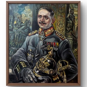 Retrato pintado al óleo original, pintura al óleo sobre cartón, oficial condecorado con un uniforme elaborado, arte hecho a mano, sin marco, arte de pared