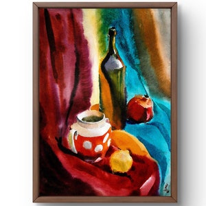 Dipinto ad acquerello natura morta originale, dipinto ad acquerello, bottiglie, brocca rossa con puntini e frutta, arte fatta a mano, senza cornice, arte murale