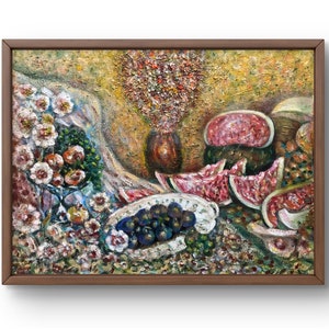 Oil painting still life original, oil painting, lush still life composition with watermelon and flowers, handmade art, unframed, wall art