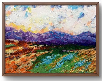 Oil painting landscape original, painting on cardboard, mountains landscape, handmade art, nature unframed, cloudy landscape, wall art