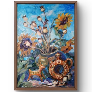 Pintura a óleo natureza morta original, pintura a óleo, girassóis brilhantes, vagens de papoula, bule decorativo, arte artesanal, sem moldura, arte de parede