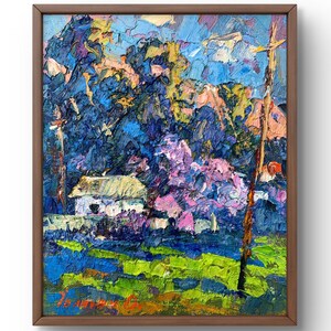 Pintura a óleo paisagem original, pintura em papelão, paisagem de aldeia, arte artesanal, natureza, sem moldura, cenário de verão, arte de parede