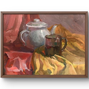 Dipinto a guazzo natura morta originale, dipinto su carta, natura morta teiera, arte fatta a mano, natura, senza cornice, natura morta teiera, arte murale