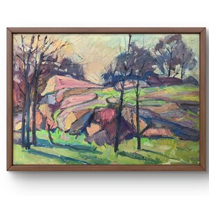 Pintura a óleo paisagem original, pintura em papelão, paisagem de montanhas, arte artesanal, natureza, sem moldura, paisagem de árvores, arte de parede