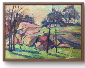 Oil painting landscape original, painting on cardboard, mountains landscape, handmade art, nature, unframed, trees landscape, wall art