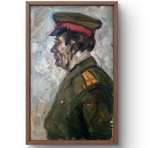 Pintura a óleo retrato original pintura a óleo sobre papelão verde figura militar homem arte artesanal natureza retrato sem moldura arte de parede